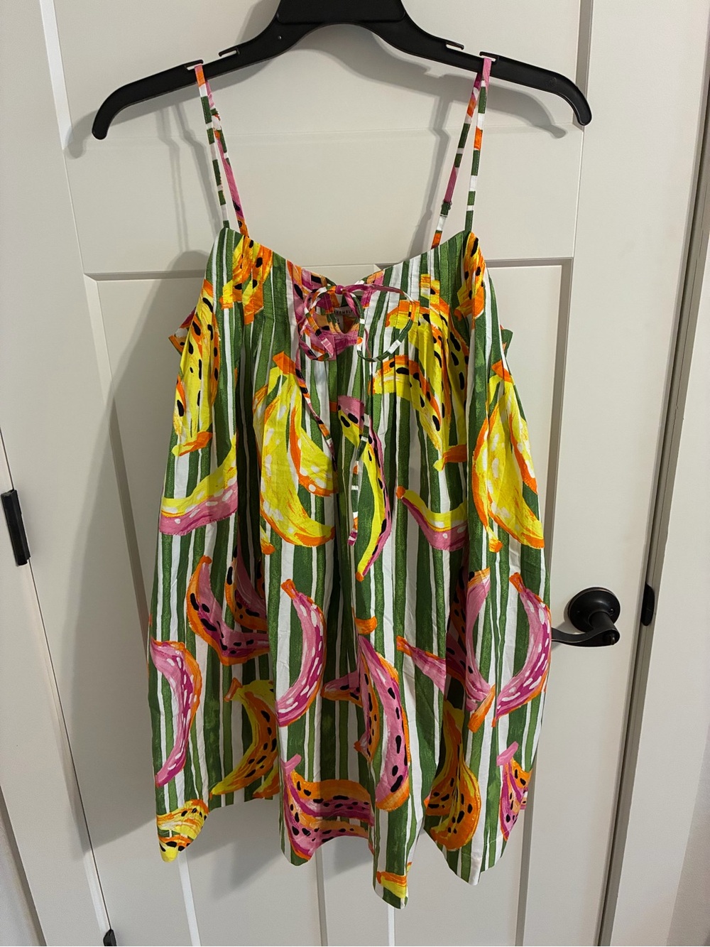 Green Striped Tropical Mini Dress with Pink & Yellow Fruit Print